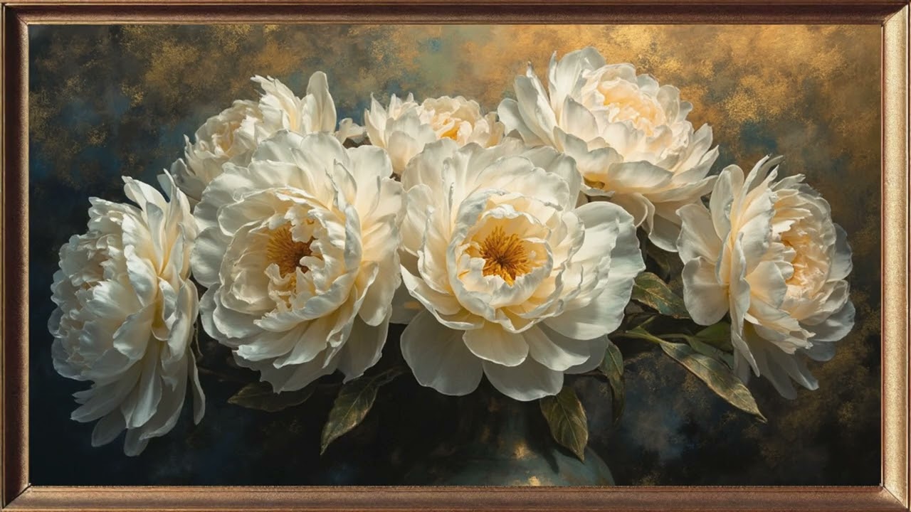 Винтажные Белые Пионы | ТВ-Арт в Золотой Раме | Цветочный Натюрморт на Экране