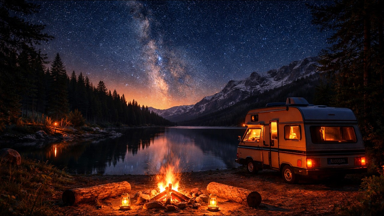 Lake Side CAMPFIRE with Camper Van  ,Water, Stress Relief, Deep Sleep, Milkyway , Meditation - ASMR
