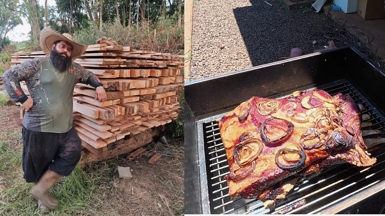 assando uma costela no tambor e carregando uma carga de madeira