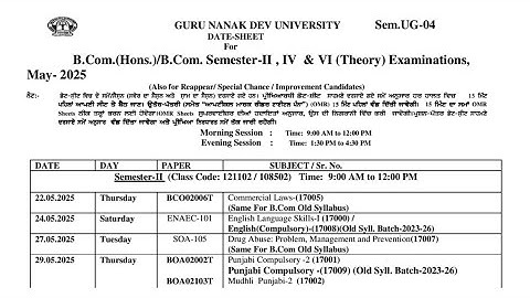 BCom 2nd / 4th / 6th Semester Datesheet 2025 GNDU | Gndu Datesheet 2025 Download