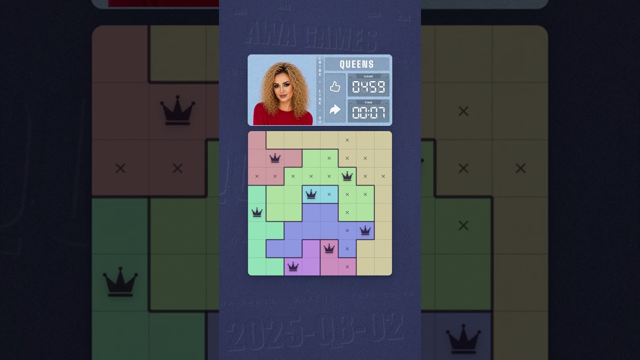 LinkedIn Queens #459 solved board for August 2, 2025, 8x8 grid