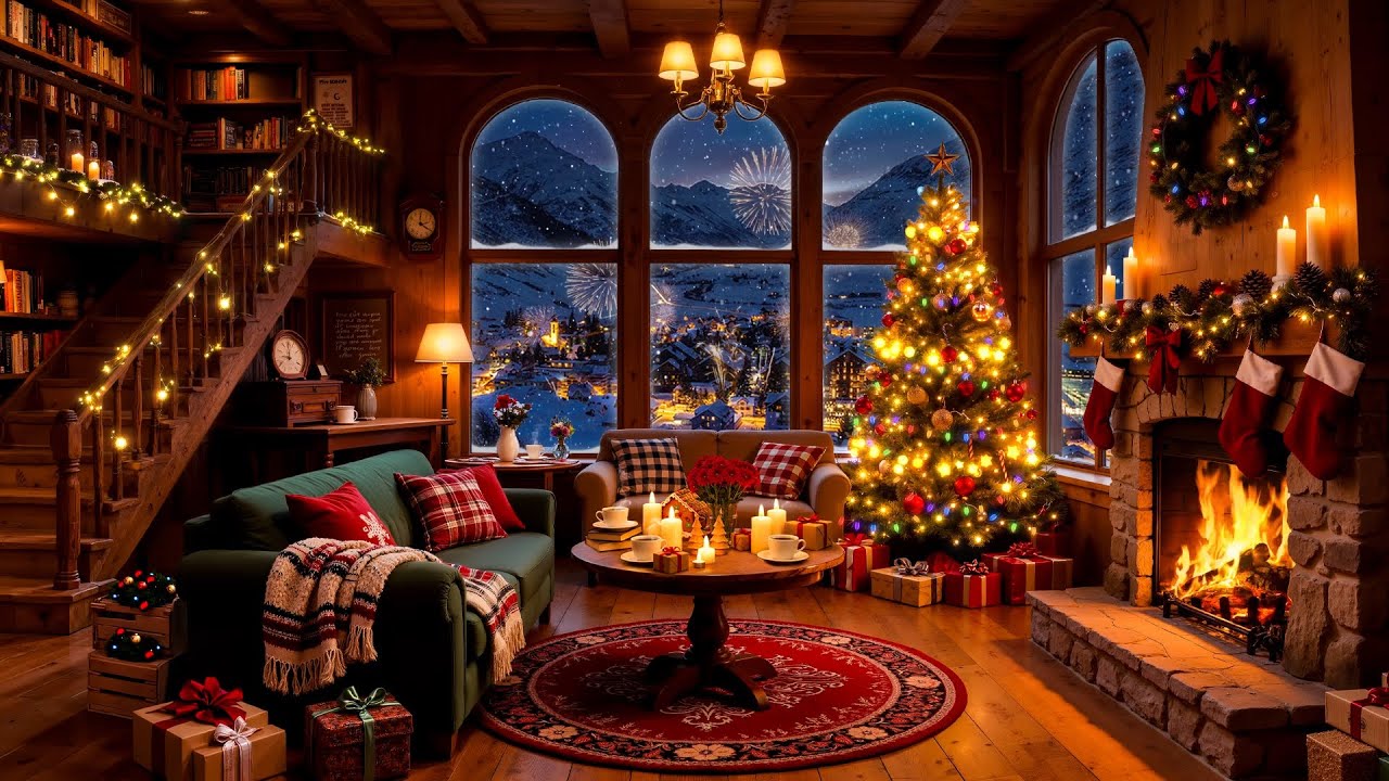 New Year’s Eve Cabin Ambience 🎆 Cozy Jazz Music, Crackling Fireplace & Fireworks for Stress Relief