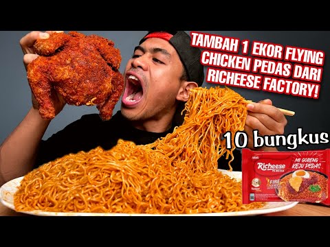 AKHIRNYA MUKBANG 10 BUNGKUS MIE RICHEESE PAKE 1 EKOR FLYING CHICKEN SPICY!!