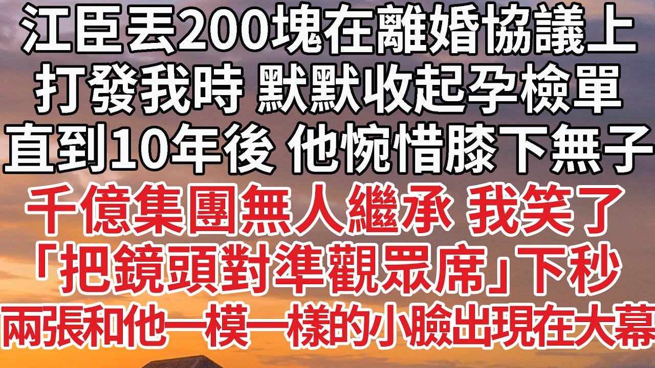 【完結】江臣丟200塊在離婚協議上，打發我時 默默收起孕檢單，直到10年後 他惋惜膝下無子，千億集團無人繼承 我笑了，「把鏡頭對準觀眾席」下秒，兩張和他一模一樣的小臉出現在大幕
