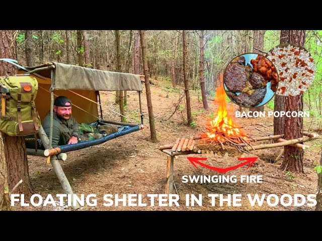Solo Overnight Building a Suspended Shelter and Pivoting Fire In