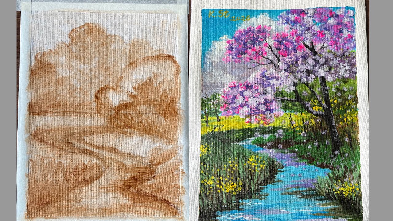 How to paint A beautiful scenery in Spring/#006/Acrylic/Landscape Painting