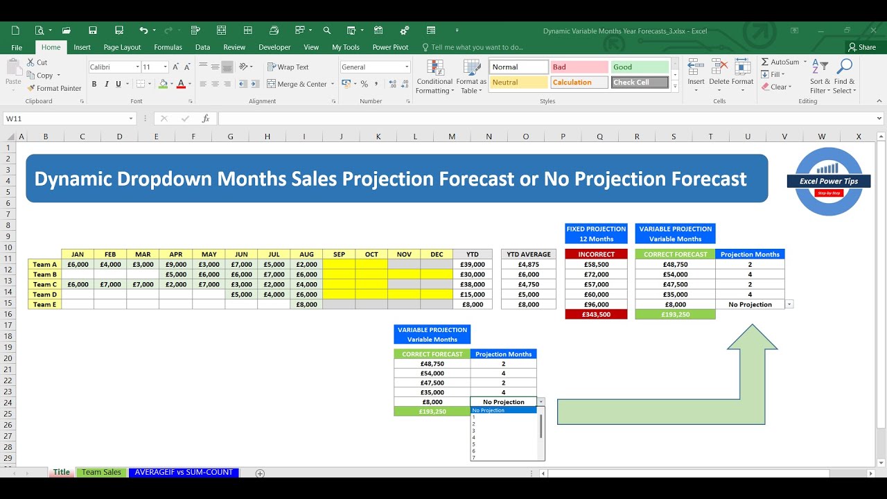 Excel Dynamic Dropdown Variable Months Projection Forecasting - YouTube
