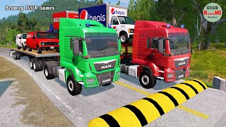 Double Flatbed Trailer Truck vs speed bumps|Busses vs speed bumps|Beamng Drive|206