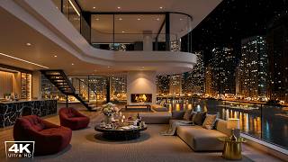 4K Late Night in Luxury Apartment 🌆 Relaxing Jazz Background Music & Fireplace Sounds for Sleep