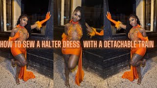 How to sew a halter dress with a detachable side train and appliques (DIY Part 1)
