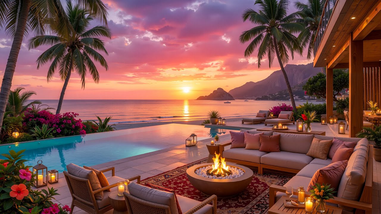 Calm Oceanfront Sunset Evening | Elegant Smooth Jazz with Soft Ocean Waves for Study, Focus