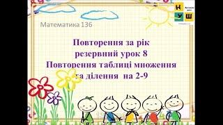 картинка: Матем 2 клас урок 136 Резервний урок 8. Повторення таблиці множення та ділення  на 2-9 Листопад