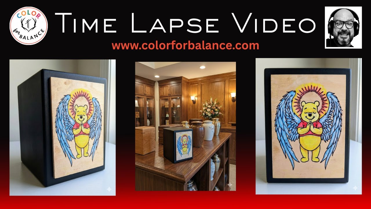 Time lapse handmade memorial urn featuring a Winnie the Pooh–inspired angel design painted on a wooden urn box, symbolizing comfort and remembrance
