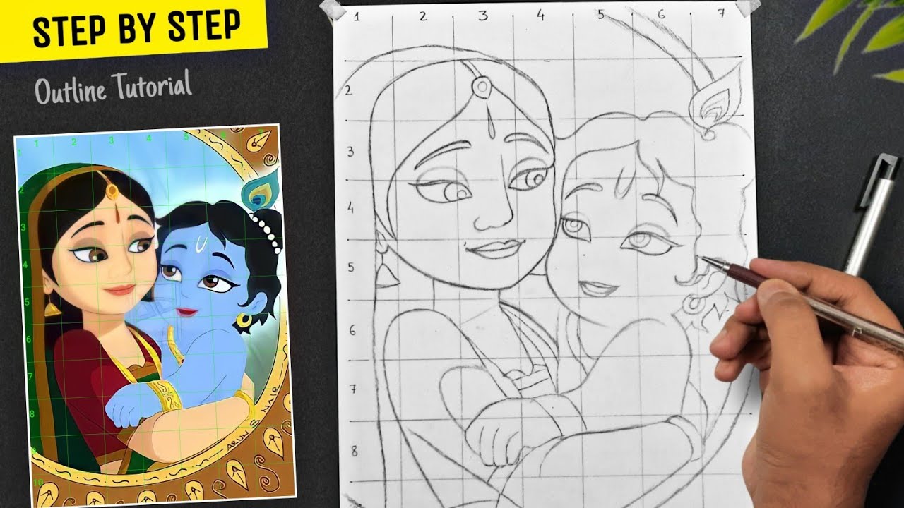 Mothers day drawing,  How to draw little krishna with Maa yashoda,  (Part - 1)  Sanju Arts