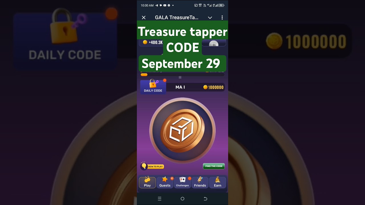 Treasure tapper: September 29 , Daily Cipher Code. 