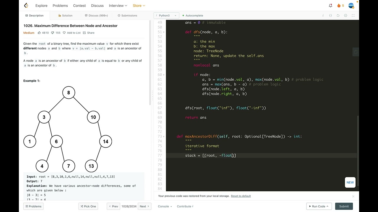 leetcode 1026  Maximum Difference Between Node and Ancestor   binary tree traversal
