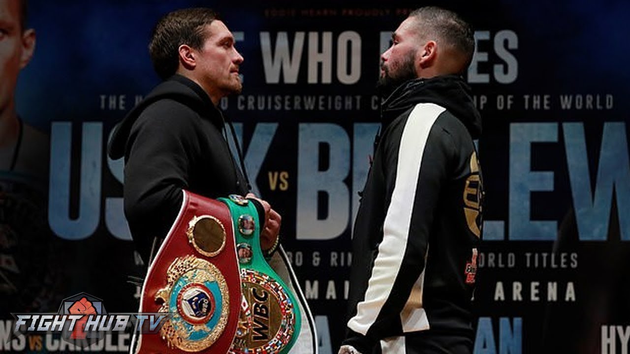 tony bellew oleksandr usyk OLEKSANDR USYK & TONY BELLEW HAVE TENSE FACE TO FACE AS BOTH TRY TO GET A MENTAL EDGE ON EACH OTHER