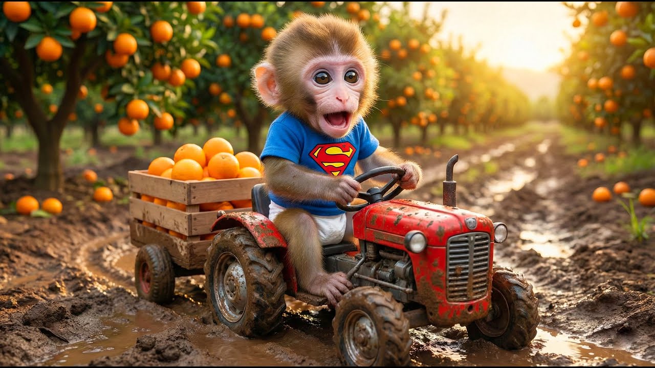 Baby Monkey Drives a Tractor to Harvest Oranges 🍊🚜 | Muddy Road Adventure 🐒