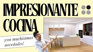 WHITE and WOOD kitchen open to the living room with ISLAND Cocinas CJR