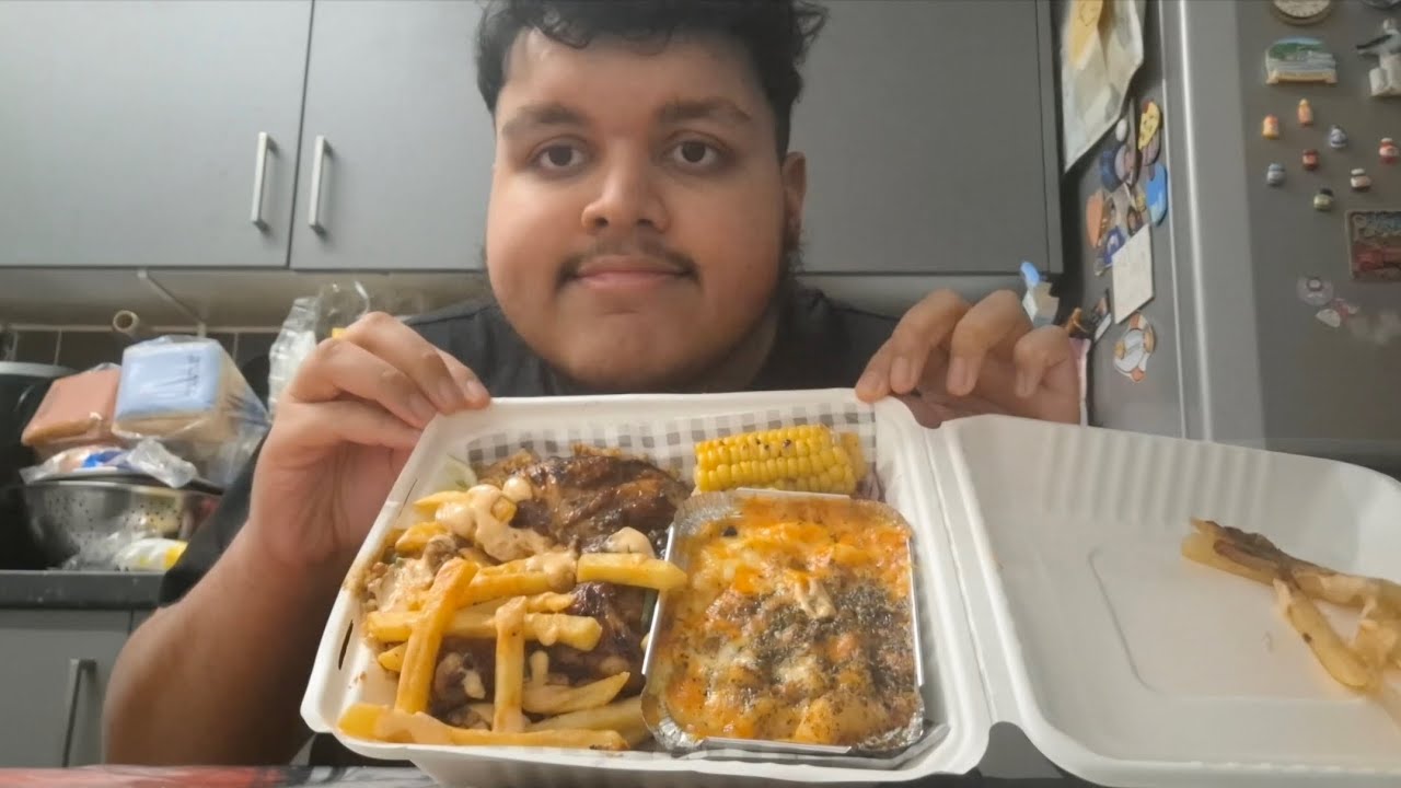 Jerk chicken, chips, rice, mac and cheese, coleslaw, corn on the cob carrabian food uk mukbang 