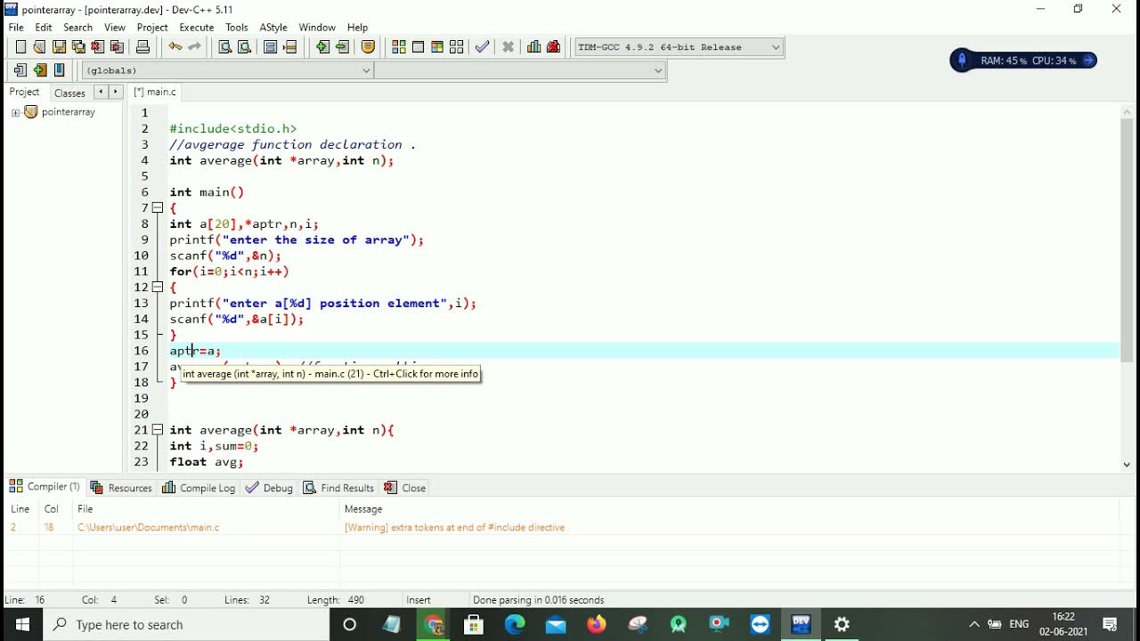 Find the average of array elements using Pointers||# ...