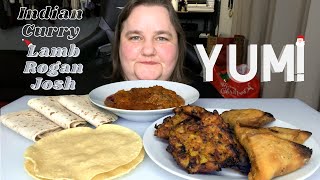 Curry MUKBANG | Lamb Rogan Josh | Chapati/Roti | Onion Bhaji | Samosa | Poppadom | EAT WITH ME