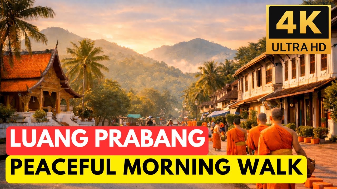 Luang Prabang, Laos - Peaceful Morning Walk [4K, no commentary]