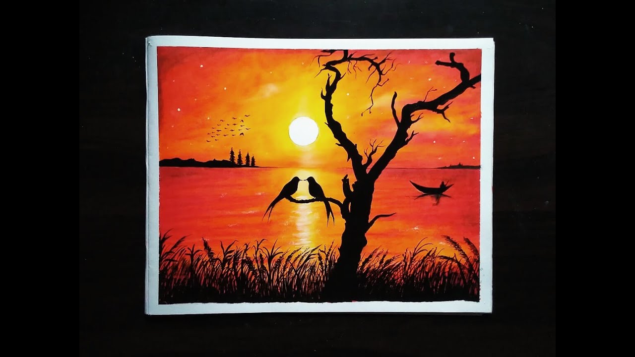 wallpapers Sunset Oil Pastel Drawing Birds easy sunset oil pastel drawing for beginners step by step lovebirds in sunset drawing birds pastel