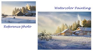 Painting a Realistic winter landscape painting in watercolors