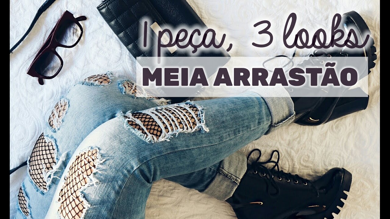 calça jeans destroyed com meia arrastão