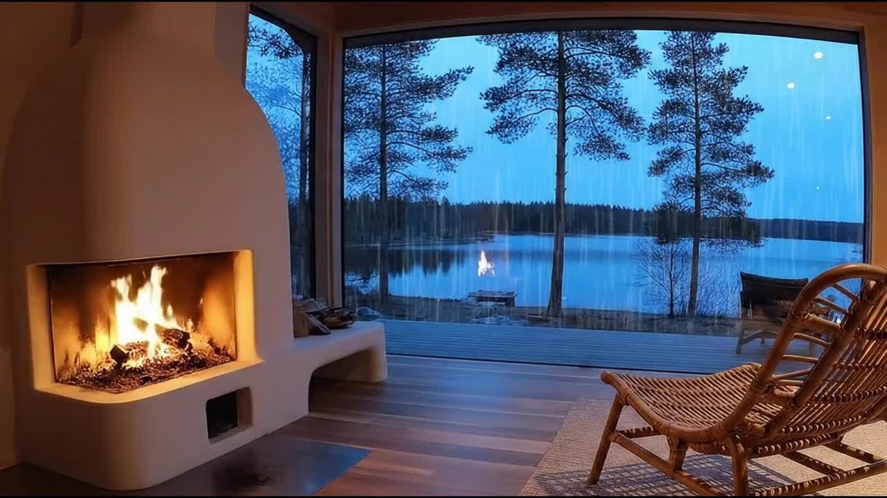 Cozy Rain Sounds for Sleep: Fireplace Crackling Ambience by the Lake Cabin 🌧️🔥🧘