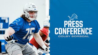 Colby Sorsdal speaks to the media during rookie minicamp