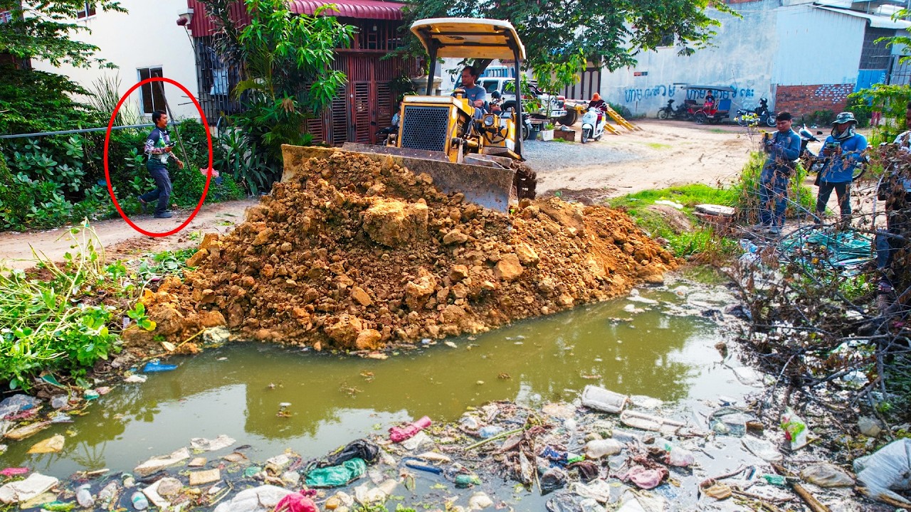 NICELY! Start Opening New Project LANDFILL Using Skills Dozer Pushing RockSoil Into Water with Truck