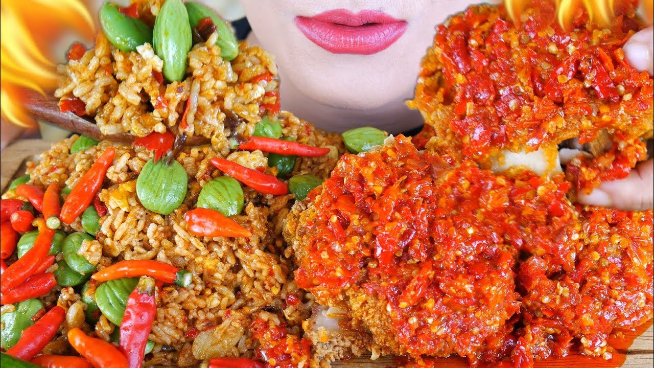 ASMR NASI GORENG PETE PEDAS LAUK AYAM GEPREK MERCON | EATING SOUNDS