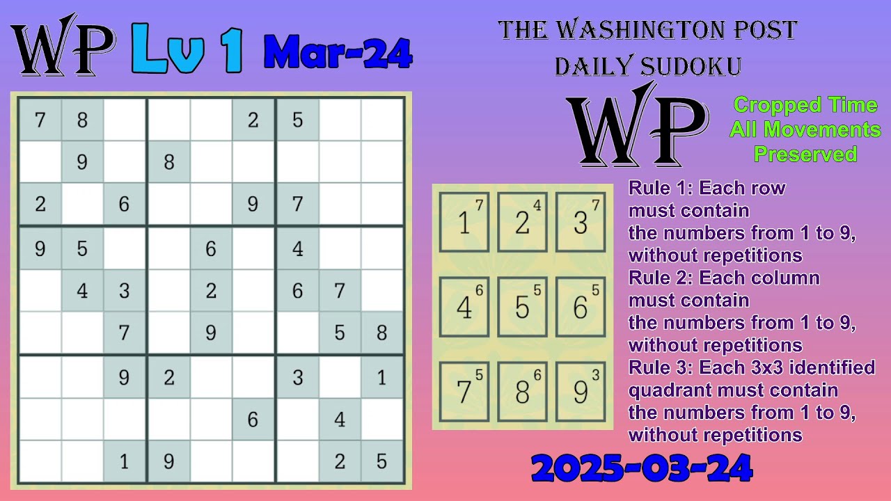 The Washington Post Daily Sudoku 2025-03-24 Level 1 - YouTube