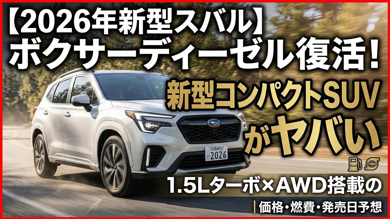 【2026年新型スバル】ボクサーディーゼル復活！1.5Lターボ×AWD搭載の新型コンパクトSUVがヤバい｜価格・燃費・発売日予想