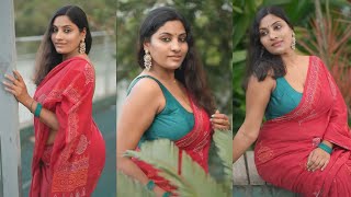 Red Cotton Saree With Green Blouse Simple & Elegant Outdoor Look South Indian Glamorous Pose