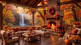 Where the Waterfall Meets Autumn Glow 🔥 Soft Jazz Music with Cozy Firelight for Reading & Unwind screenshot 5