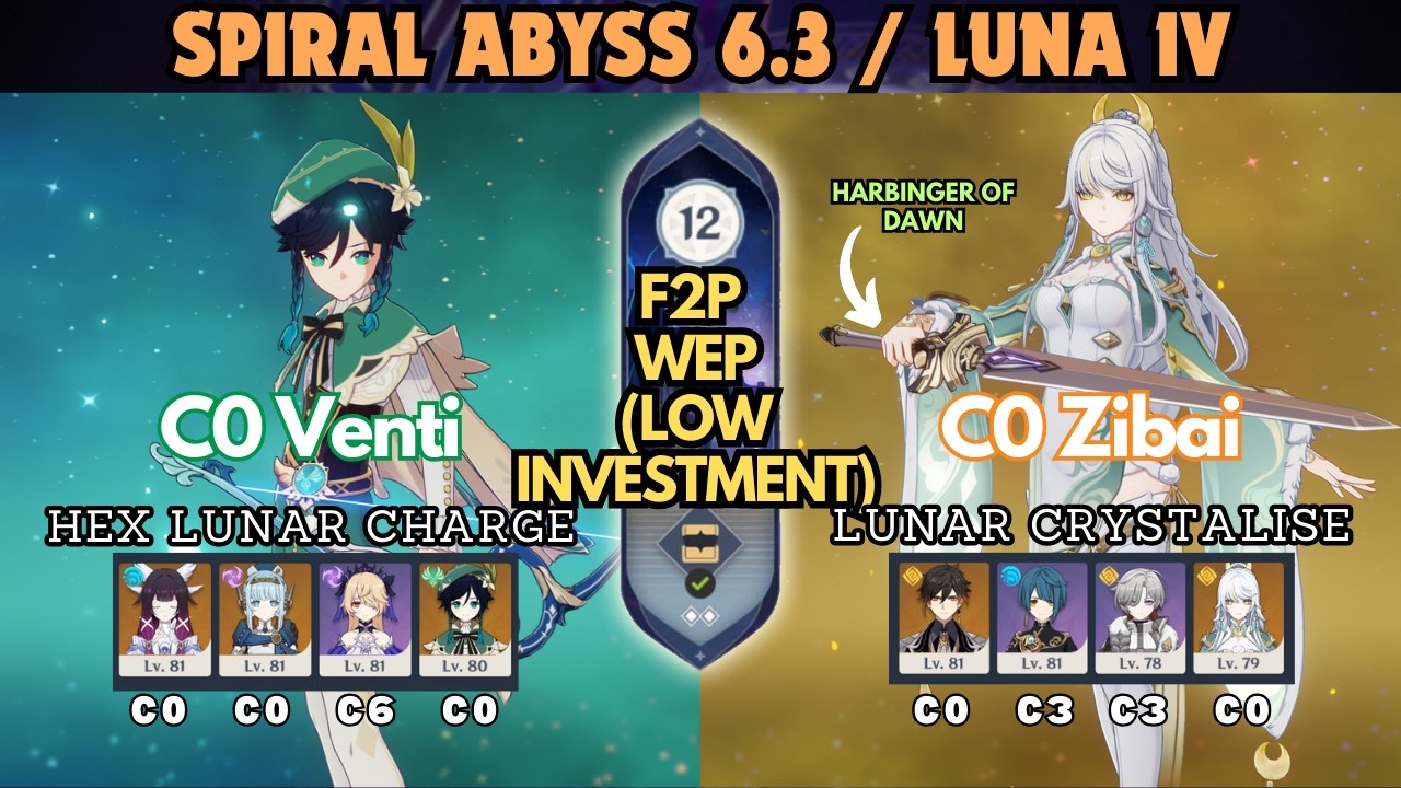 C0 Hex Venti Luna Charge and C0 Zibai Luna Crystalise | Spiral Abyss 6.3/LunaIV F12 | Genshin Impact