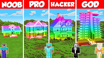 Rainbow House Build Battle Challenge - Noob vs Pro vs Hacker vs God - Minecraft Animation