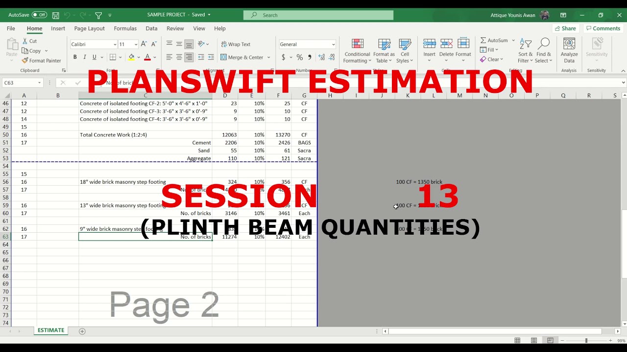 (Plinth Beam Quantities) Planswift Estimation 