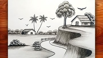 Easy Pencil Drawing for Beginners | Cliff House Scenery Sketch with Trees & Birds