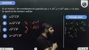 At an instant t, the coordinates of a particle are x=at2, y=bt2 and z=0, then its speed at the i....
