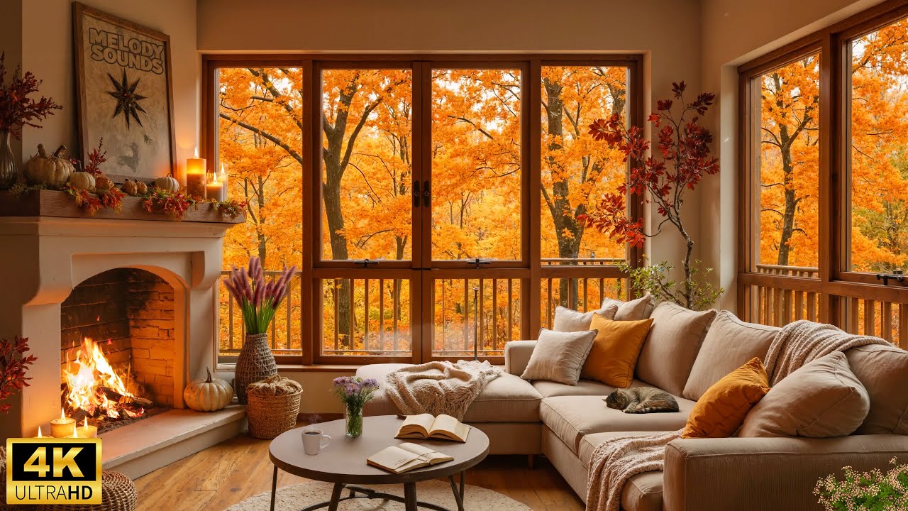 Autumn Morning in a Cozy Cabin - Piano Music with Crackling Fireplace ...