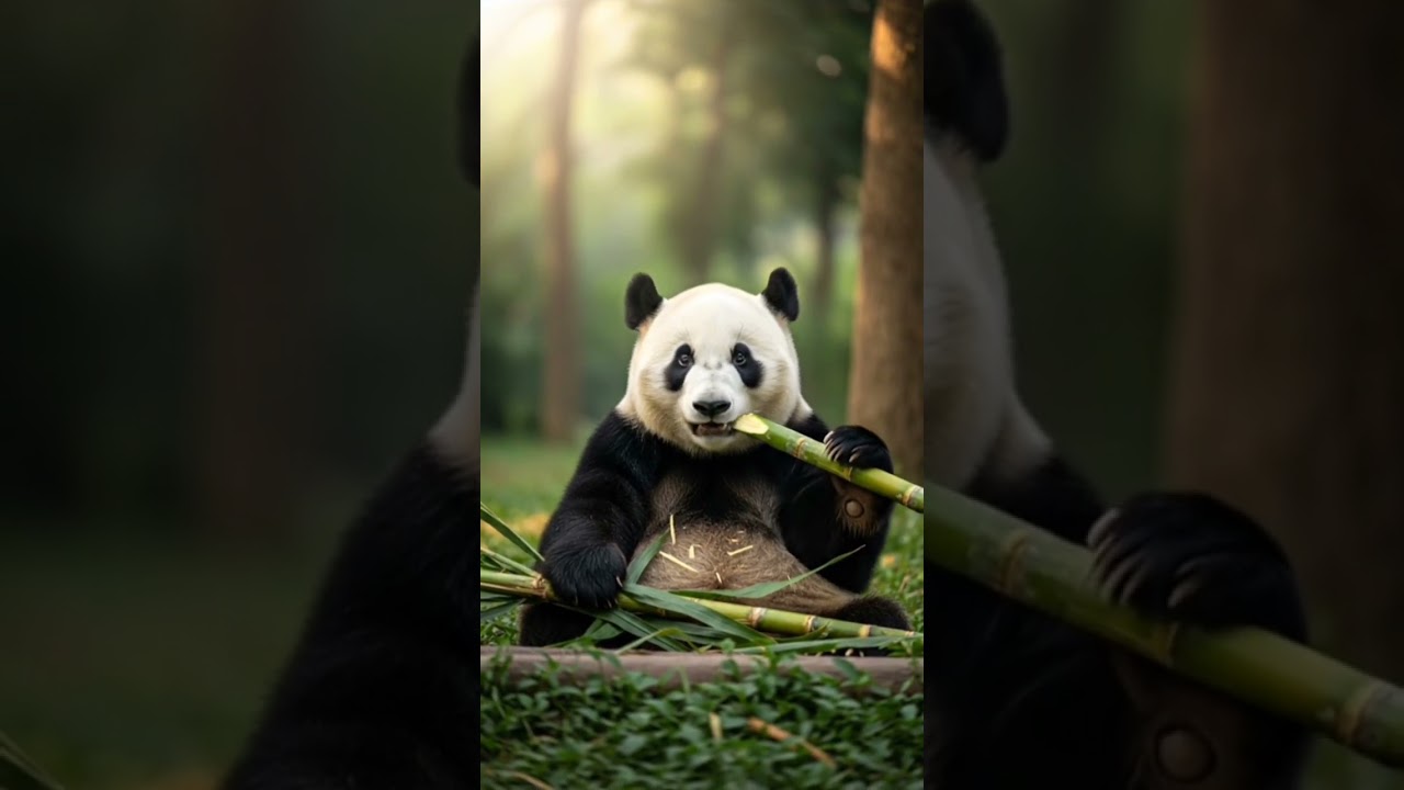 😱Cute Panda Eating Sugarcane in the Forest🐼
