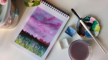 Easy Landscape scenery drawing technique.// Himi gouache colour painting tutorial. //Easy drawing.