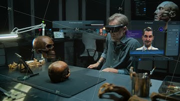 Archaeologist in VR headset conducts scientific research using virtual display with AI assistant