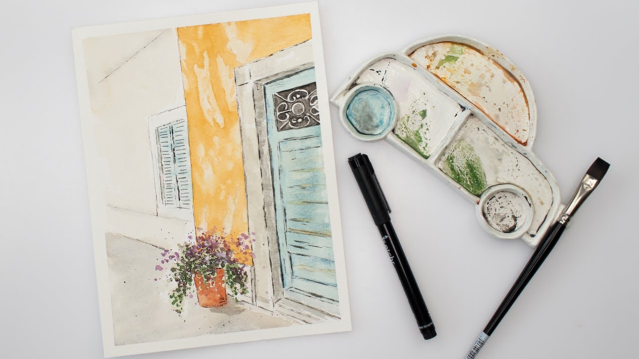 Watercolor old doors ink and wash tutorial + FREE sketch YouTube