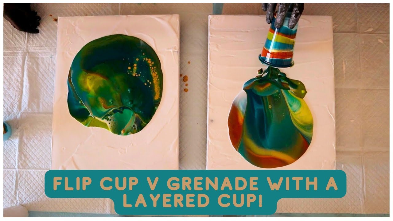 Fluid Acrylic Art Painting for Beginners - FLIP CUP & GRENADE Pour with layered cup comparison 