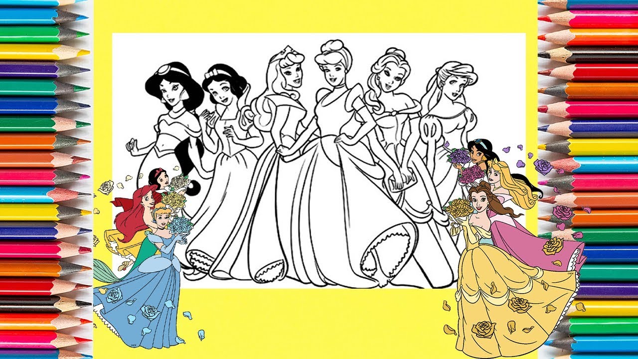 Coloring Princess Cinderella Belle Jasmine Ariel Aurora Snow-White ...